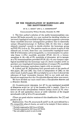 ON the TRIANGULATION of MANIFOLDS and the HAUPTVERMUTUNG 1. the First Author's Solution of the Stable Homeomorphism Con- Jecture