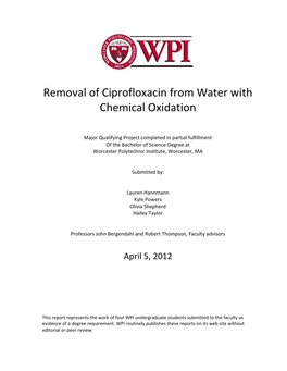Removal of Ciprofloxacin from Water with Chemical Oxidation