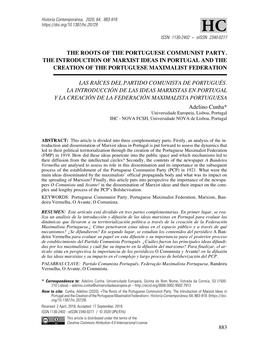 The Roots of the Portuguese Communist Party. the Introduction of Marxist Ideas in Portugal and the Creation of the Portuguese Maximalist Federation