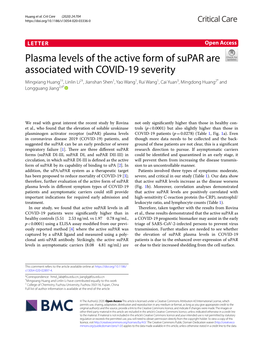 Plasma Levels of the Active Form of Supar Are Associated with COVID