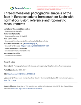 Three-Dimensional Photographic Analysis of the Face in European Adults from Southern Spain with Normal Occlusion: Reference Anthropometric Measurements