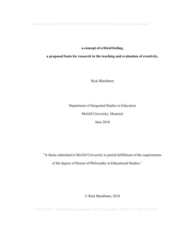 Running Head: a CONCEPT of CRITICAL FEELING Initial Thesis Submission 1St Proof