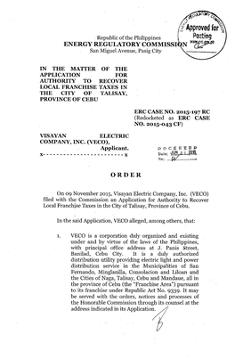 Order, ERC Case No. 2015-043 CF