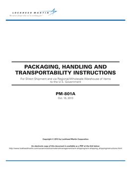 PACKAGING, HANDLING and TRANSPORTABILITY INSTRUCTIONS for Direct Shipment and Via Regional/Wholesale Warehouse of Items to the U.S