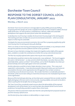 RESPONSE to the DORSET COUNCIL LOCAL PLAN CONSULTATION, JANUARY 2021 Monday, 1 March 2021