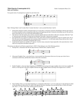 Third Species Counterpoint (4:1) Heath: Counterpoint (Music 221) Rules and Guidelines