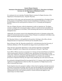 Senator Dianne Feinstein Statement of Introduction for the Nomination of Alejandro N. Mayorkas to Be Deputy Secretary for the De