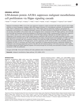 LIM-Domain Protein AJUBA Suppresses Malignant Mesothelioma Cell Proliferation Via Hippo Signaling Cascade