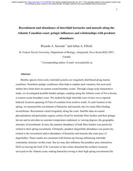 Recruitment and Abundance of Intertidal Barnacles and Mussels Along the Atlantic Canadian Coast: Pelagic Influences and Relationships with Predator Abundance