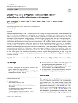 Olfactory Responses of Argentine Stem Weevil to Herbivory and Endophyte‑Colonisation in Perennial Ryegrass