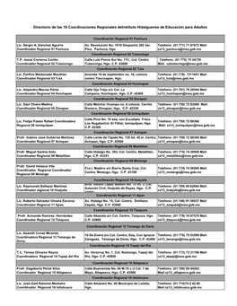 Directorio De Las 16 Coordinaciones Regionales Deinstituto Hidalguense De Educación Para Adultos