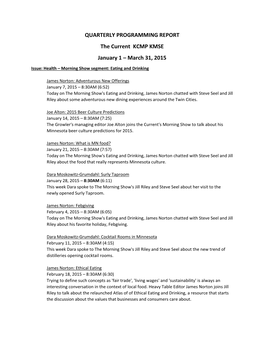 QUARTERLY PROGRAMMING REPORT the Current KCMP KMSE January 1 – March 31, 2015