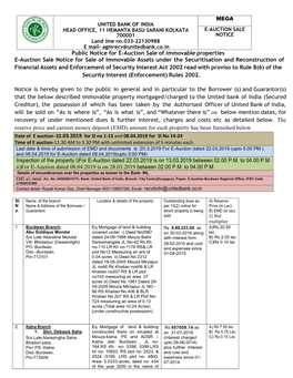 Public Notice for E-Auction Sale of Immovable Properties E-Auction