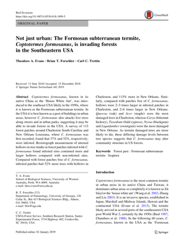 Not Just Urban: the Formosan Subterranean Termite, Coptotermes Formosanus, Is Invading Forests in the Southeastern USA