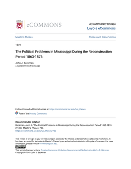 The Political Problems in Mississippi During the Reconstruction Period 1863-1876