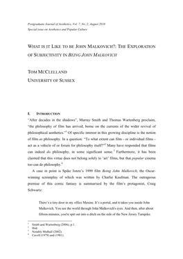 What Is It Like to Be John Malkovich?: the Exploration of Subjectivity in Being John Malkovich Tom Mcclelland University of Suss