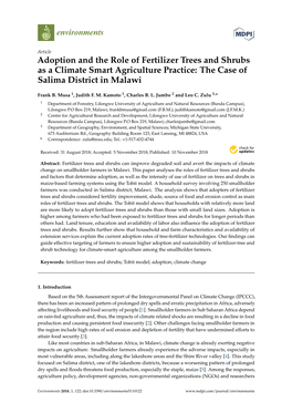 Adoption and the Role of Fertilizer Trees and Shrubs As a Climate Smart Agriculture Practice: the Case of Salima District in Malawi