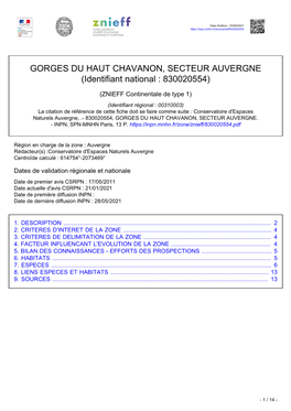 GORGES DU HAUT CHAVANON, SECTEUR AUVERGNE (Identifiant National : 830020554)