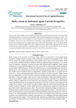 Snake Venom As Anticancer Agent- Current Perspective