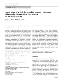 A New Clade of Archaic Large-Bodied Predatory Dinosaurs (Theropoda: Allosauroidea) That Survived to the Latest Mesozoic