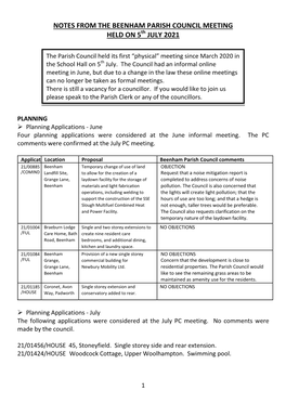 NOTES from the BEENHAM PARISH COUNCIL MEETING HELD on 5Th JULY 2021