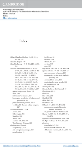 Cambridge University Press 978-1-108-49046-7 — Kashmir in the Aftermath of Partition Shahla Hussain Index More Information