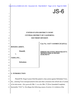 UNITED STATES DISTRICT COURT CENTRAL DISTRICT of CALIFORNIA SOUTHERN DIVISION ROGER LARSEN, Plaintiff, V. VIZIO, INC., Defendan