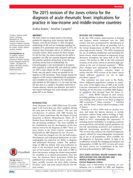 The 2015 Revision of the Jones Criteria for the Diagnosis Of