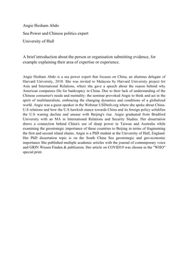 Angie Hesham Abdo Sea Power and Chinese Politics Expert University of Hull