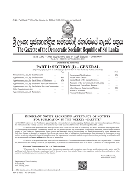 The Gazette of the Democratic Socialist Republic of Sri Lanka Wxl 2"192 – 2020 Iema;Eïn¾ Ui 04 Jeks Isl=Rdod – 2020'09'04 No