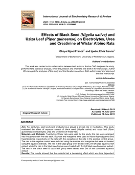 (Nigella Sativa) and Uziza Leaf (Piper Guineense) on Electrolytes, Urea and Creatinine of Wistar Albino Rats