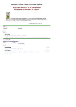 Références D'articles Ou De Textes Courts Classées Par Périodiques Ou Recueils