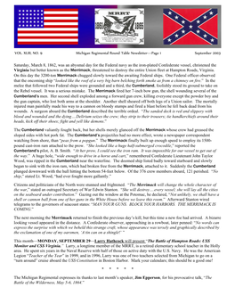 VOL. XLIII, NO. 9 Michigan Regimental Round Table Newsletter—Page 1 September 2003 Saturday, March 8, 1862, Was an Abysmal Da