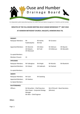 MINUTES of the FULL BOARD MEETING HELD 9.00AM WEDNESDAY 7Th MAY 2018