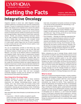 Getting the Facts Helpline@Lymphoma.Org Integrative Oncology