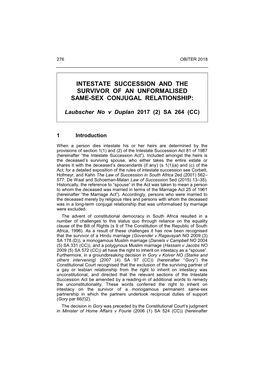 Intestate Succession and the Survivor of an Unformalised Same-Sex Conjugal Relationship