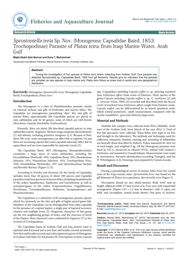 Monogenea: Capsalidae Baird, 1853: Trochopodinae) Parasite of Platax Teira, from Iraqi Marine Water, Arab Gulf Majid Abdul Aziz Bannai and Essa T