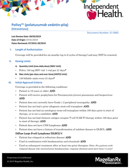 Polivy™ (Polatuzumab Vedotin-Piiq) (Intravenous) Document Number: IC-0482 Last Review Date: 09/03/2019 Date of Origin: 07/01/2019 Dates Reviewed: 07/2019, 09/2019