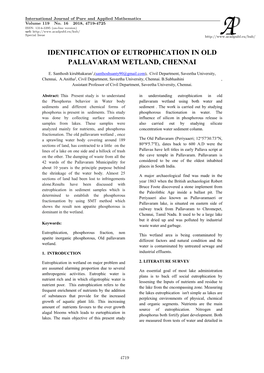 Identification of Eutrophication in Old Pallavaram Wetland, Chennai