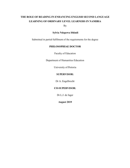 THE ROLE of READING in ENHANCING ENGLISH SECOND LANGUAGE LEARNING of ORDINARY LEVEL LEARNERS in NAMIBIA By