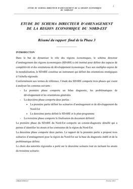 Etude Du Schema Directeur D'amenagement De La Region Economique Du Nord-Est