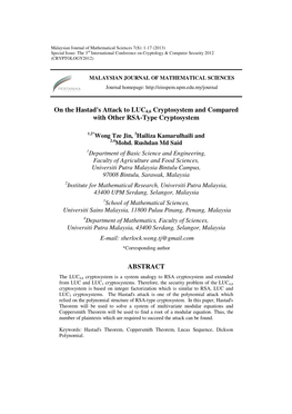 On the Hastad's Attack to LUC4,6 Cryptosystem and Compared with Other RSA-Type Cryptosystem ABSTRACT