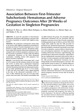 Association Between First-Trimester Subchorionic Hematomas and Adverse Pregnancy Outcomes After 20 Weeks of Gestation in Singlet