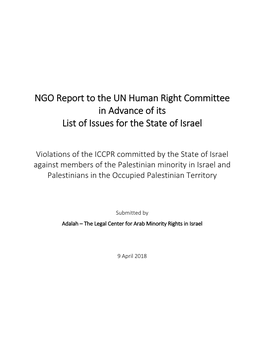 NGO Report to the UN Human Right Committee in Advance of Its List of Issues for the State of Israel