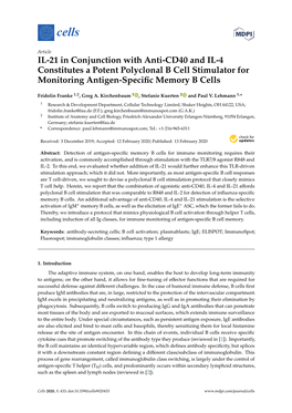 IL-21 in Conjunction with Anti-CD40 and IL-4 Constitutes a Potent Polyclonal B Cell Stimulator for Monitoring Antigen-Speciﬁc Memory B Cells