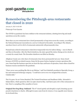 Remembering the Pittsburgh-Area Restaurants That Closed in 2020 January 6, 2021 6:00 AM Pittsburgh Post-Gazette