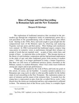 Rites of Passage and Oral Storytelling in Romanian Epic and the New Testament