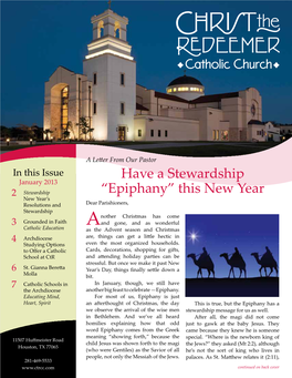 Have a Stewardship “Epiphany” This New Year Continued from Front Cover