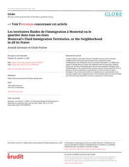 Les Territoires Fluides De L'immigration À Montréal Ou Le Quartier Dans Tous Ses États