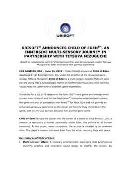 Ubisoft® Announces Child of Edentm, an Immersive Multi-Sensory Journey in Partnership with Tetsuya Mizuguchi
